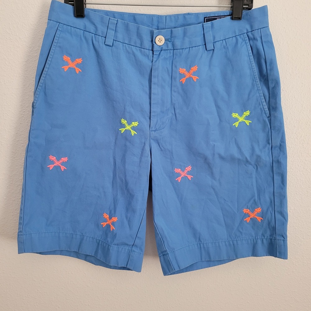 Vineyard Vines Mens 32 Blue Embroidered Fish Skeleton Chino Shorts Cotton